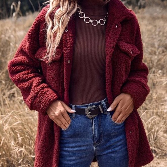 Burgundy Flap Pocket Drop Shoulder Casual Faux fur Teddy Coat - Picture 5 of 6